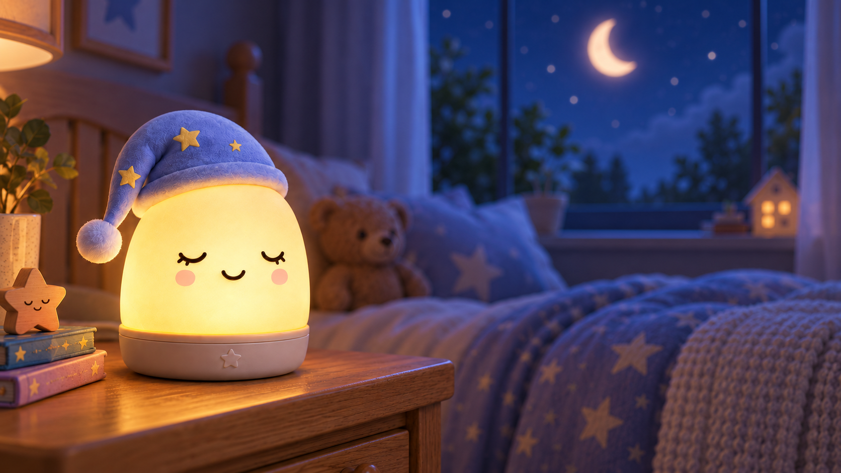 Nite Nite Lite™, a smiling glowing night light wearing a starry blue sleeping cap, on a cozy bedside table beside a sleeping child's bed under a starry moonlit window